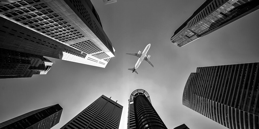airplane, buildings, perspective